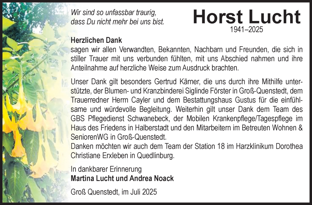  Traueranzeige für Horst Lucht vom 02.08.2025 aus Volksstimme Halberstadt