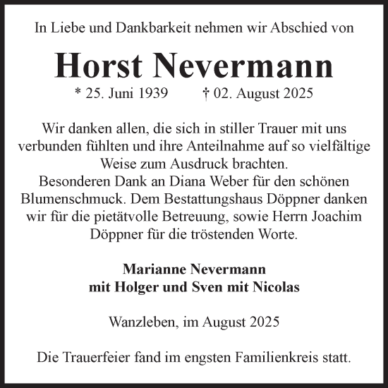 Traueranzeige von Horst Nevermann von Volksstimme Oschersleben/Wanzleben