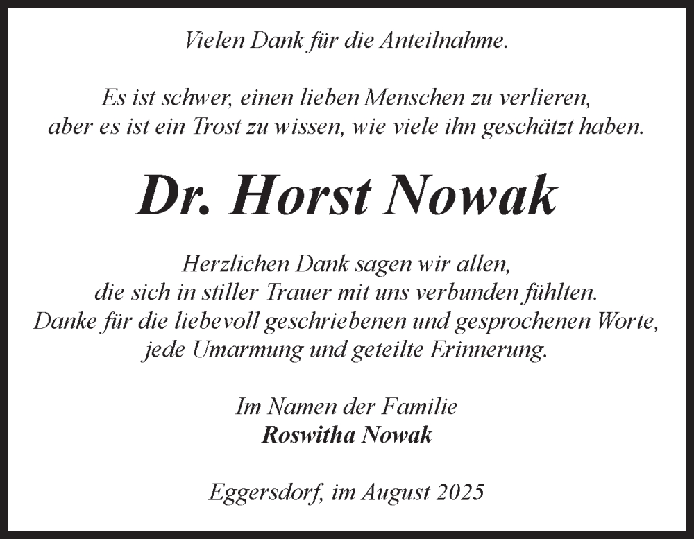  Traueranzeige für Horst Nowak vom 16.08.2025 aus Volksstimme Schönebeck