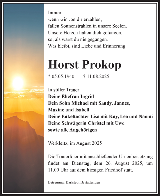 Traueranzeige von Horst Prokop von Volksstimme Schönebeck