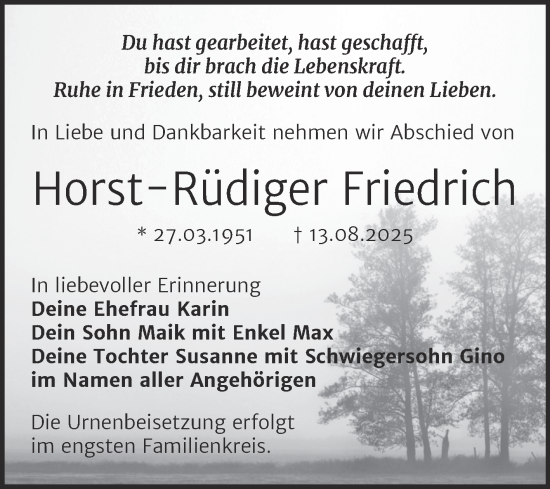 Traueranzeige von Horst-Rüdiger Friedrich von Trauerkombi Bitterfeld