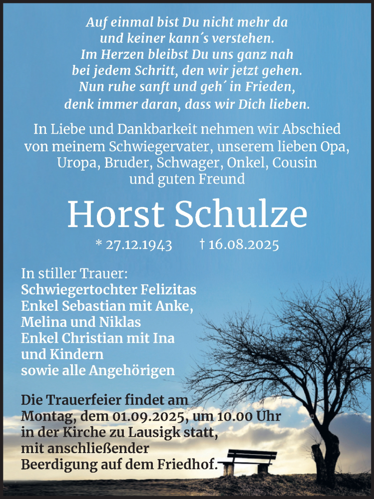  Traueranzeige für Horst Schulze vom 30.08.2025 aus Trauerkombi Köthen