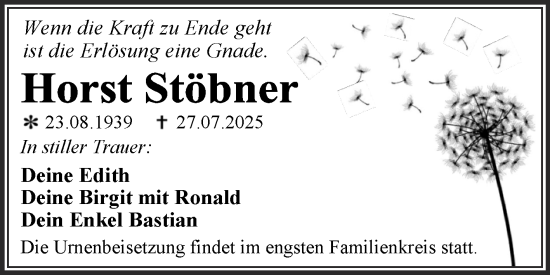Traueranzeige von Horst Stöbner von Trauerkombi Wittenberg