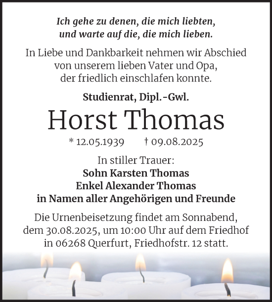 Traueranzeige von Horst Thomas von Trauerkombi Merseburg