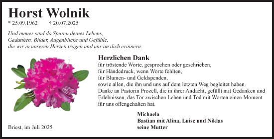 Traueranzeige von Horst Wolnik von Volksstimme Altmark Ost