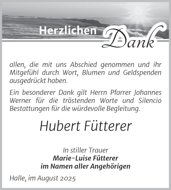Traueranzeige von Hubert Fütterer von Mitteldeutsche Zeitung Halle/Saalkreis