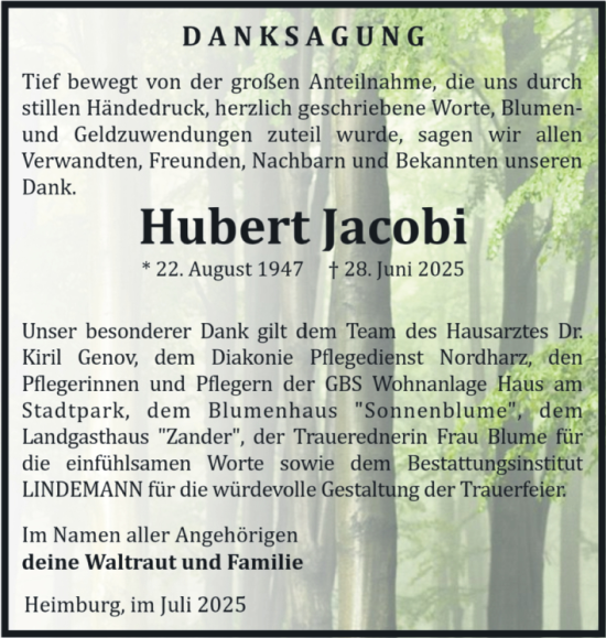 Traueranzeige von Hubert Jacobi von Volksstimme Wernigerode