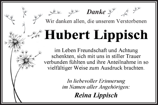 Traueranzeige von Hubert Lippisch von Trauerkombi Wittenberg