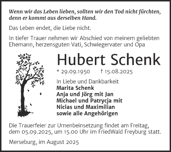 Traueranzeige von Hubert Schenk von Trauerkombi Merseburg