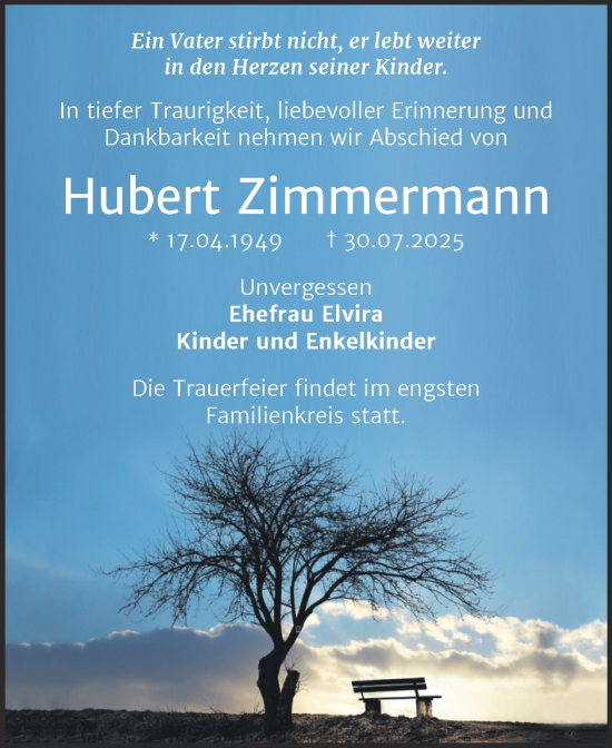 Traueranzeige von Hubert Zimmermann von Trauerkombi Bernburg