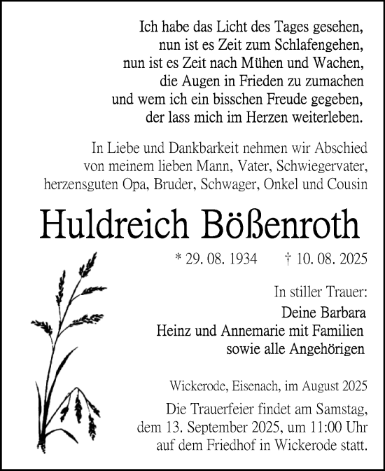 Traueranzeige von Huldreich Bobenroth von Trauerkombi Sangerhausen