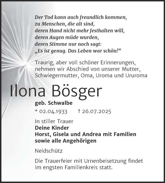 Traueranzeige von Ilona Bösger von Super Sonntag Naumburg/Nebra