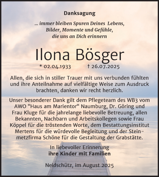 Traueranzeige von Ilona Bösger von Super Sonntag Naumburg/Nebra