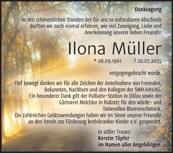Traueranzeige von Ilona Müller von Mitteldeutsche Zeitung Halle/Saalkreis