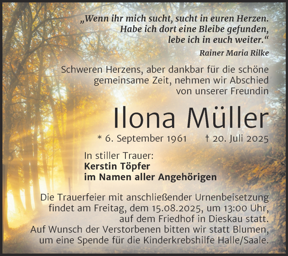  Traueranzeige für Ilona Müller vom 02.08.2025 aus Mitteldeutsche Zeitung Halle/Saalkreis