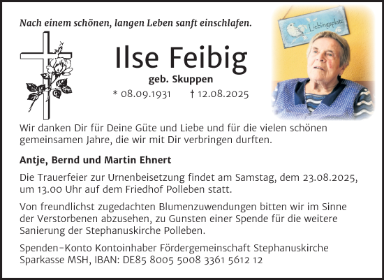Traueranzeige von Ilse Feibig von Trauerkombi Mansfelder Land