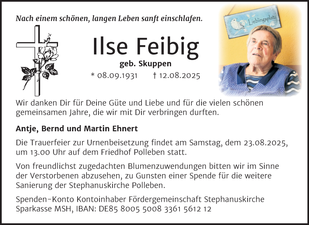  Traueranzeige für Ilse Feibig vom 16.08.2025 aus Trauerkombi Mansfelder Land