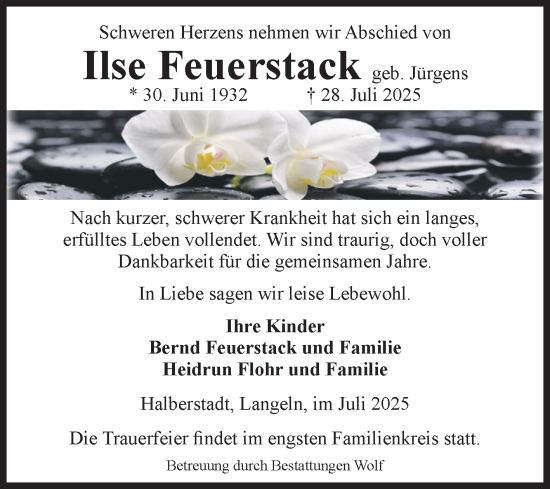 Traueranzeige von Ilse Feuerstack von Volksstimme Wernigerode