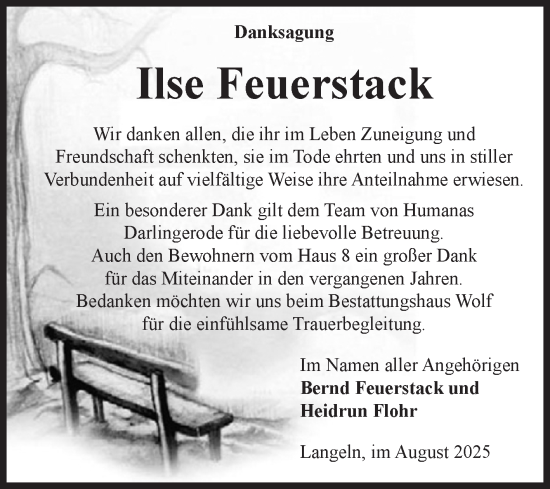 Traueranzeige von Ilse Feuerstack von Volksstimme Wernigerode