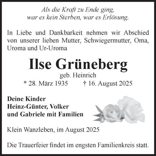 Traueranzeige von Ilse Grüneberg von Volksstimme Oschersleben/Wanzleben