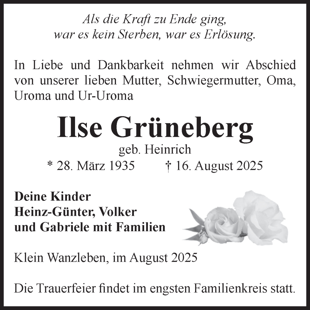  Traueranzeige für Ilse Grüneberg vom 30.08.2025 aus Volksstimme Oschersleben/Wanzleben