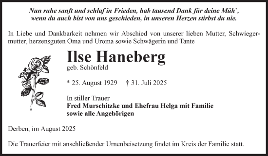 Traueranzeige von Ilse Haneberg von Volksstimme Burg/Genthin