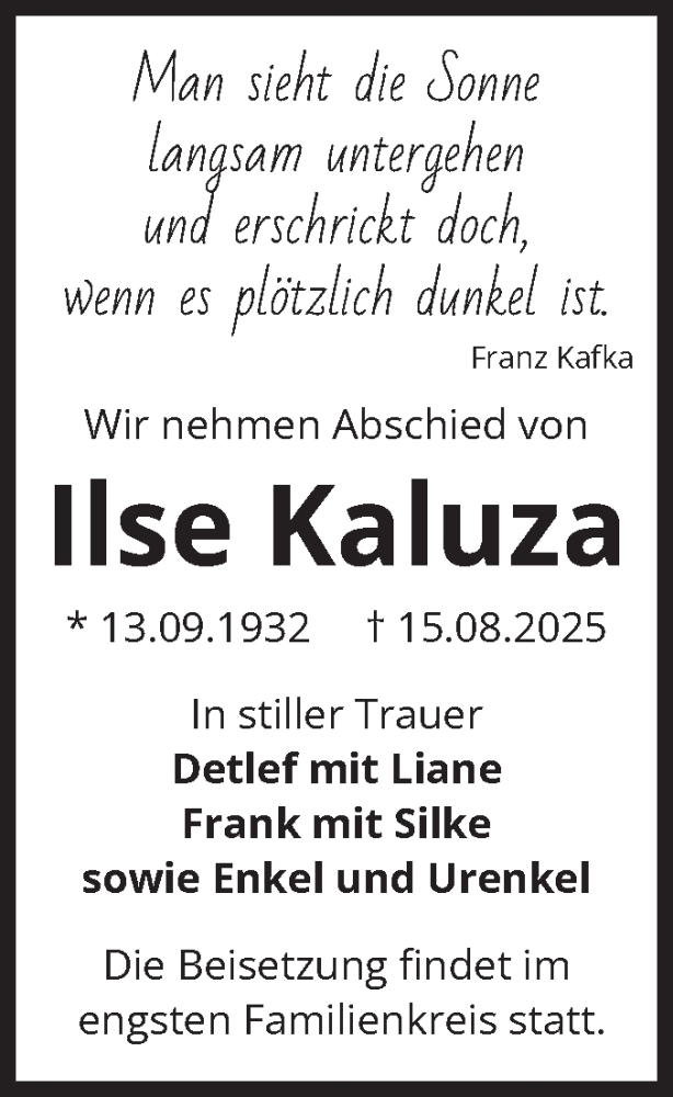  Traueranzeige für Ilse Kaluza vom 23.08.2025 aus Volksstimme Magdeburg