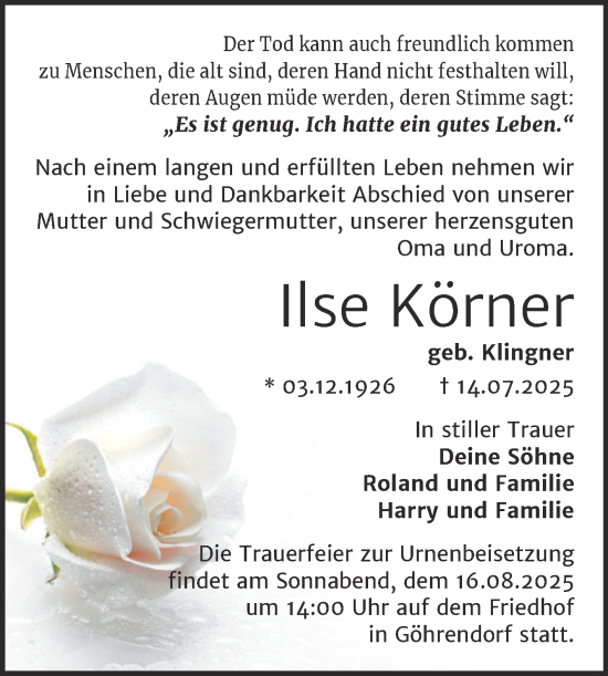 Traueranzeige von Ilse Körner von Trauerkombi Merseburg