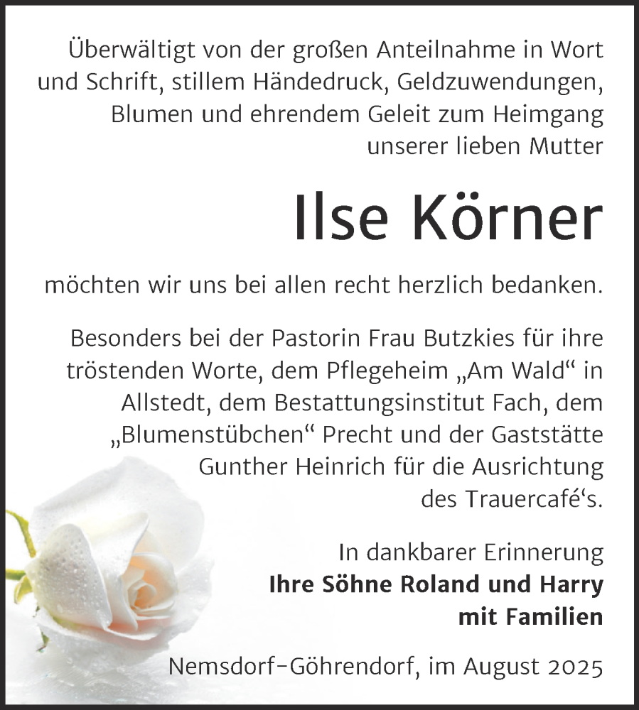  Traueranzeige für Ilse Körner vom 30.08.2025 aus Trauerkombi Merseburg