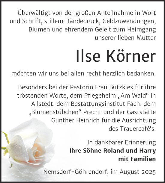 Traueranzeige von Ilse Körner von Trauerkombi Merseburg