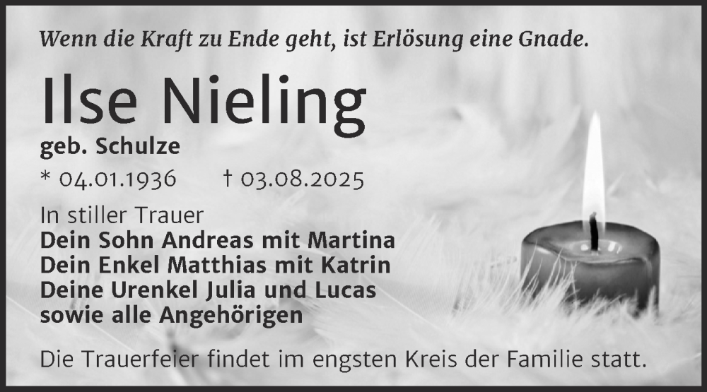  Traueranzeige für Ilse Nieling vom 16.08.2025 aus Trauerkombi Dessau