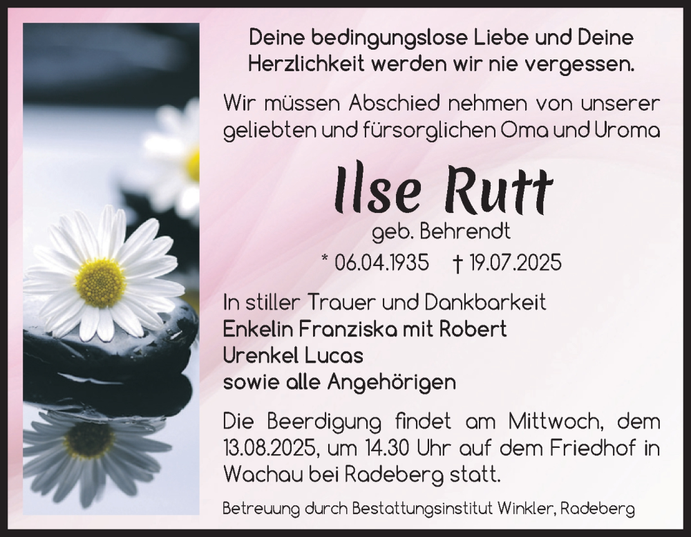  Traueranzeige für Ilse Rutt vom 09.08.2025 aus Volksstimme Oschersleben/Wanzleben