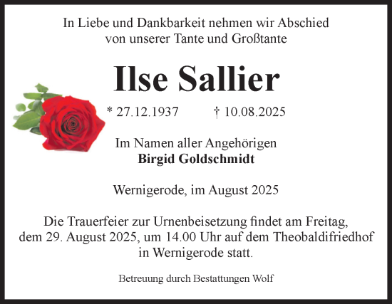 Traueranzeige von Ilse Sallier von Volksstimme Wernigerode