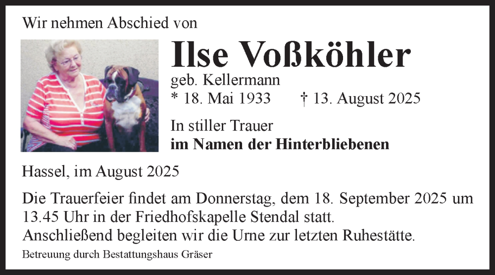  Traueranzeige für Ilse Voßköhler vom 30.08.2025 aus Volksstimme Altmark Ost