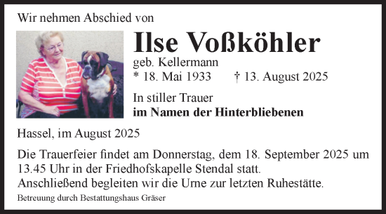 Traueranzeige von Ilse Voßköhler von Volksstimme Altmark Ost