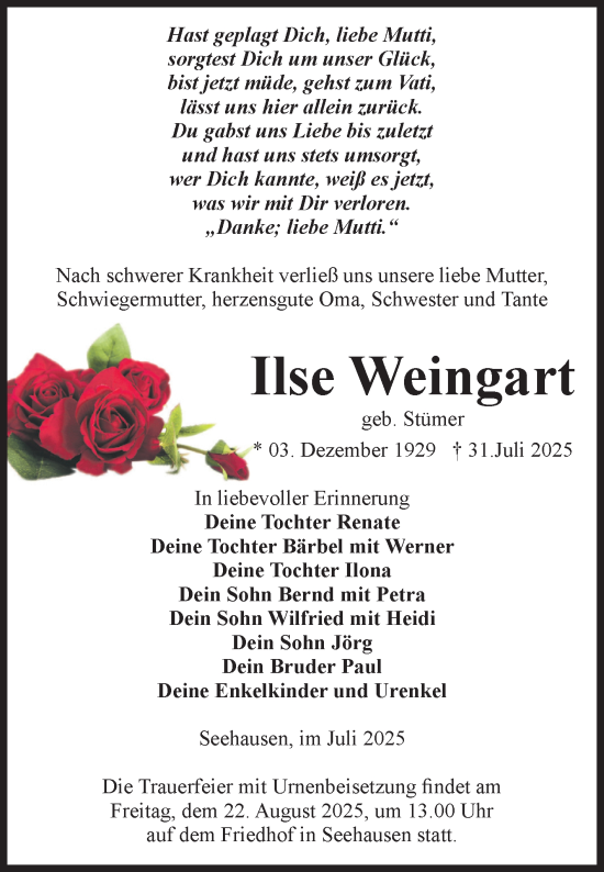 Traueranzeige von Ilse Weingart von Volksstimme Altmark Ost