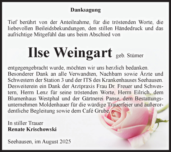 Traueranzeige von Ilse Weingart von Volksstimme Altmark Ost