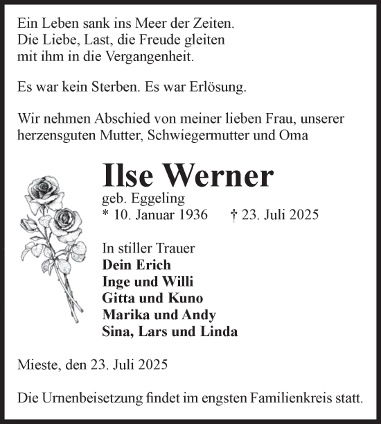 Traueranzeige von Ilse Werner von Volksstimme Altmark West