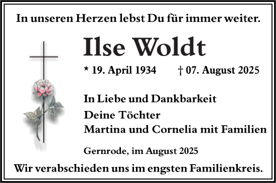 Traueranzeige von Ilse Woldt von Trauerkombi Quedlinburg