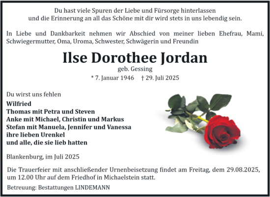 Traueranzeige von Ilse Dorothee Jordan von Volksstimme Wernigerode