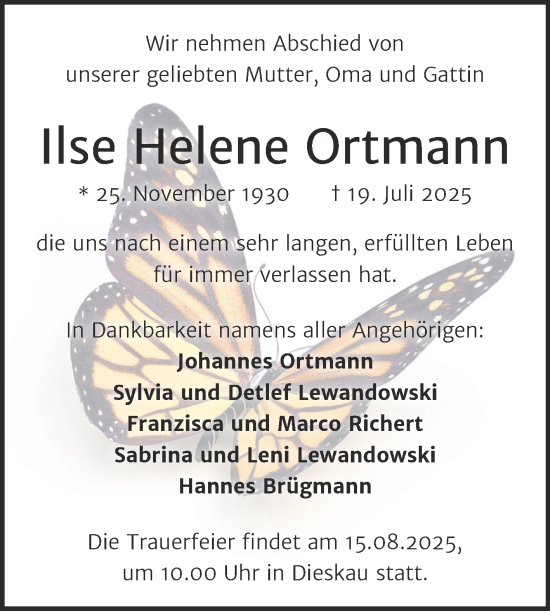 Traueranzeige von Ilse Helene Ortmann von Mitteldeutsche Zeitung Halle/Saalkreis