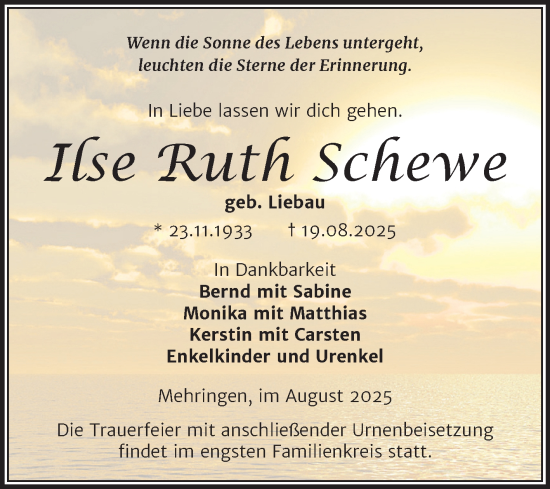Traueranzeige von Ilse Ruth Schewe von Trauerkombi Aschersleben