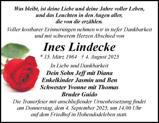 Traueranzeige von Ines Lindecke von Volksstimme Magdeburg