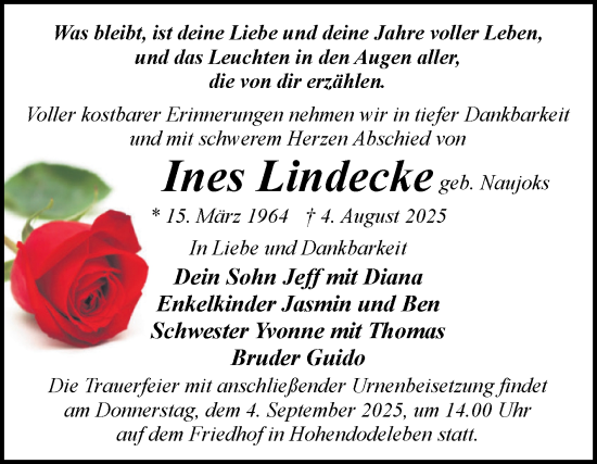 Traueranzeige von Ines Lindecke von Volksstimme Burg/Genthin