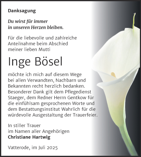Traueranzeige von Inge Bösel von Trauerkombi Mansfelder Land
