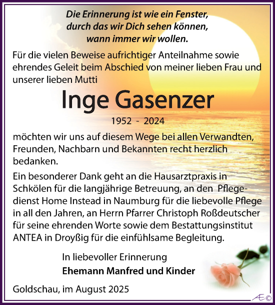 Traueranzeige von Inge Gasenzer von Trauerkombi Zeitz