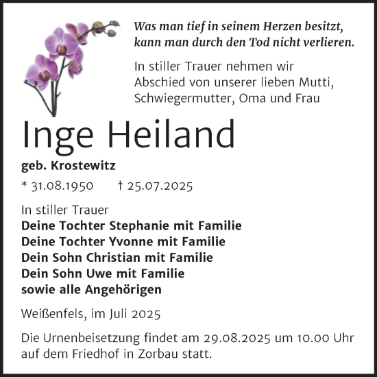 Traueranzeige von Inge Heiland von Trauerkombi Weißenfels