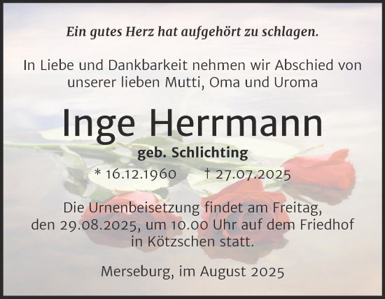 Traueranzeige von Inge Herrmann von Trauerkombi Merseburg