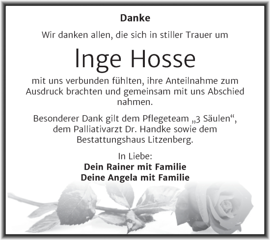 Traueranzeige von Inge Hosse von Trauerkombi Mansfelder Land