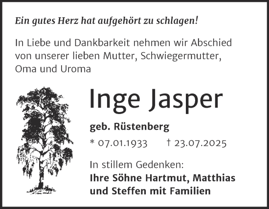 Traueranzeige von Inge Jasper von Trauerkombi Mansfelder Land